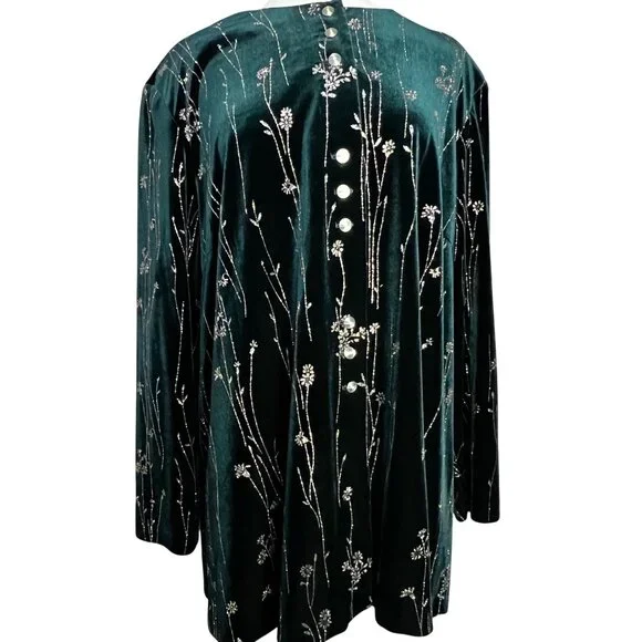 MSK Womens Plus 24W Green Velvet Floral Embroidered Top/Pants Set Holiday Career